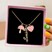 flatfoosie 2021 new pink mushroom pendant necklaces for women golden love heart letter clavicle chain necklace fashion jewelry