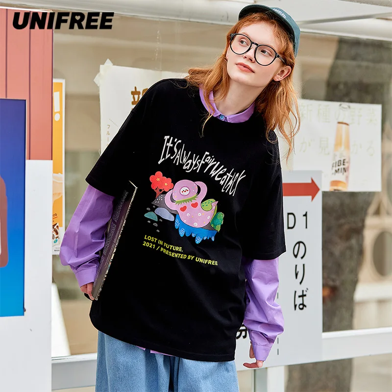 

UNIFREE Women's T-shirts Korean Black Oversized Tshirt Tops Harajuku Vintage Aesthetic Gothic Graphic Punk Clothes Hip Hop