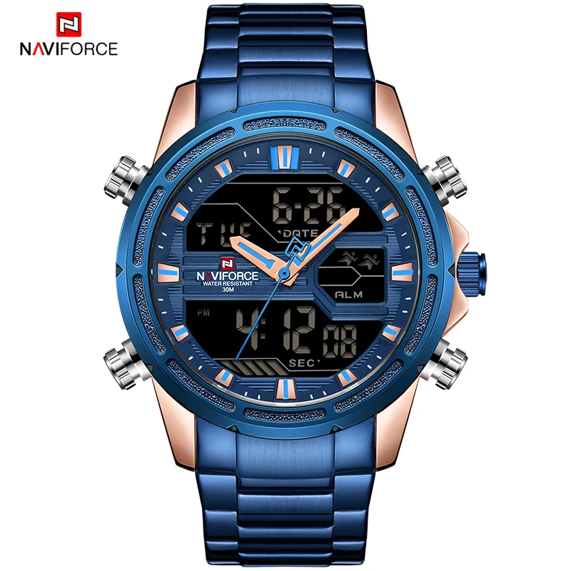 

Часы NAVIFORCE Мужские кварцевые аналоговые, модные деловые светодиодные цифровые из нержавеющей стали, с календарем и хронографом, цвета розов...