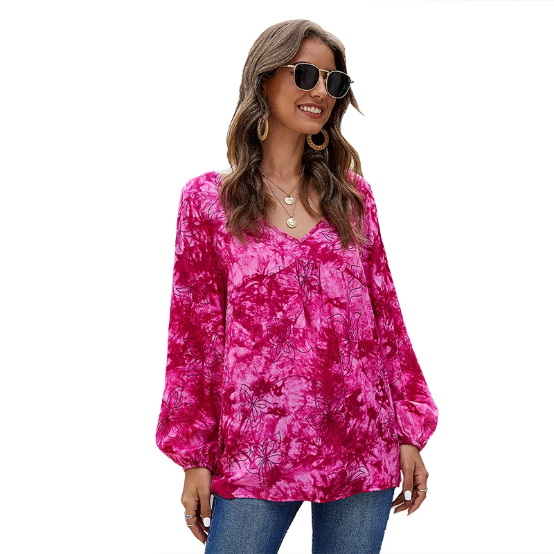 Женские блузки с v-образным вырезом CINESSD синие повседневные длинными рукавами и