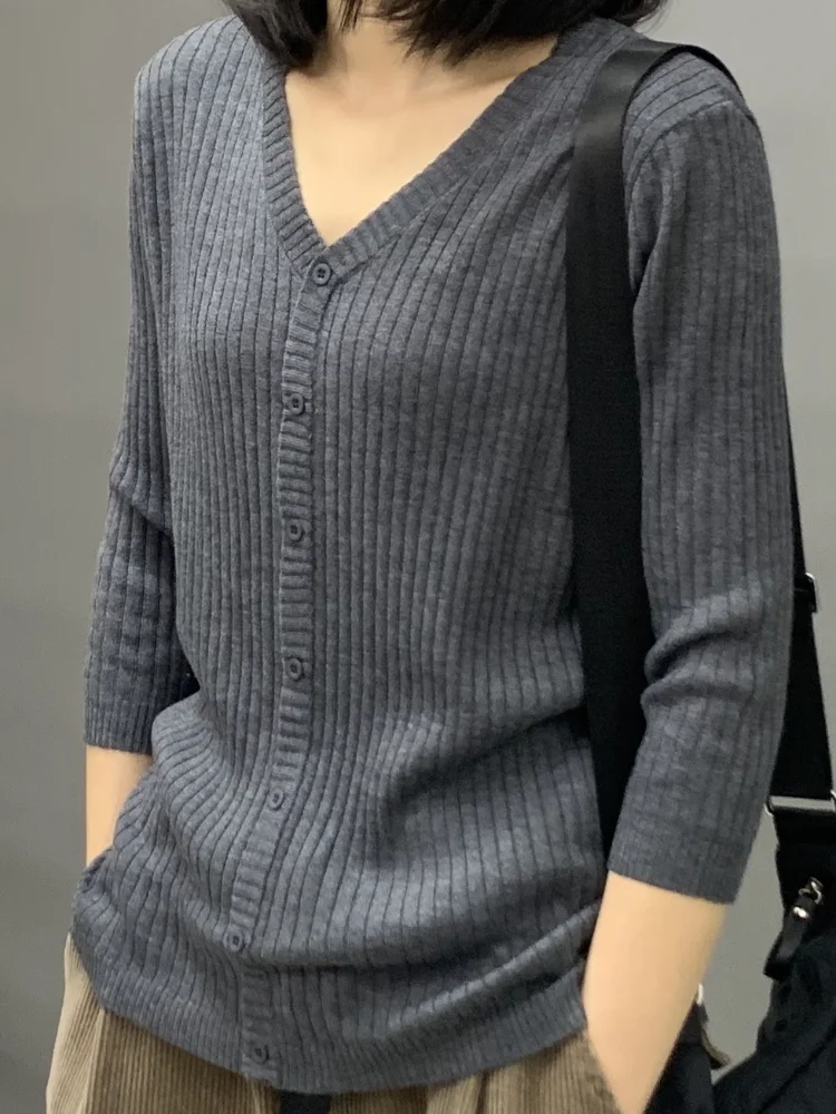 

Solid Knitted Women T-Shirts Summer Vintage 2021 V-Neck Long-Sleeved Elastic Elegant Female Outwear Coats Tops