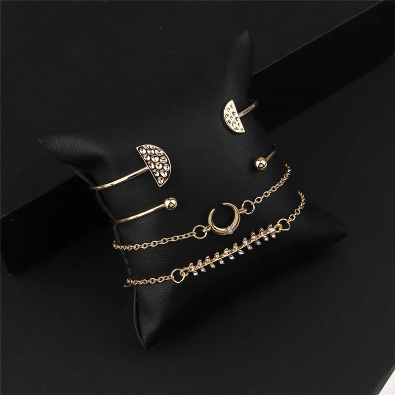 Retro Female Moon Leaves Round Crystal Gem Chain Opening Gold Geometry Beach Bracelet Set Fashion Jewelry Gift | Украшения и
