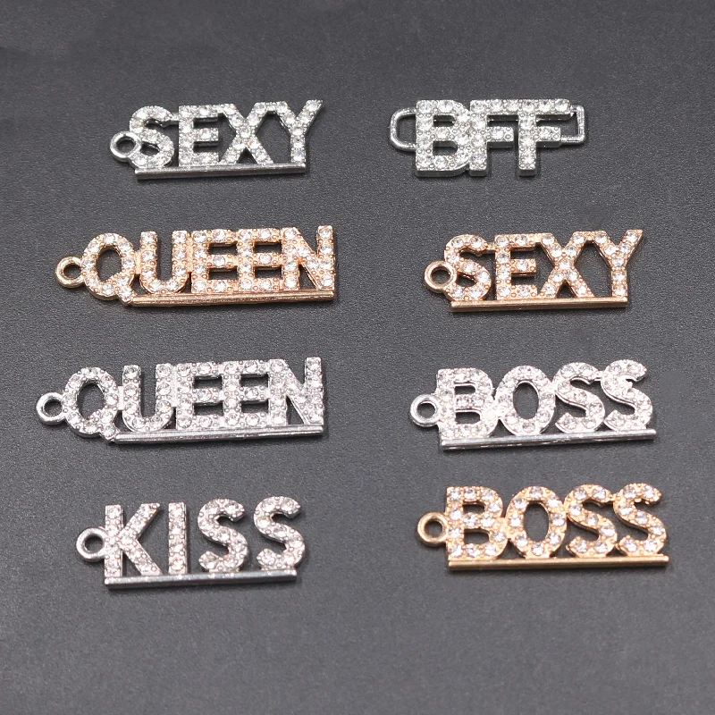 8pcs Mix Handmade Rhinestone BFF/Boss/Queen/Kiss/Sexy/Tag Pendant DIY Charm Earring Bracelet Jewelry Crafts Making For Woman