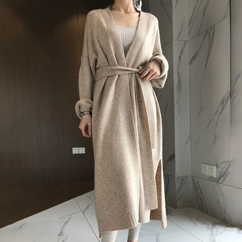 LANMREM 2020 Spring New Fashion Solid Color Loose Long Over The Knee Cardigan Wool Sweater Coat Female PB584 |