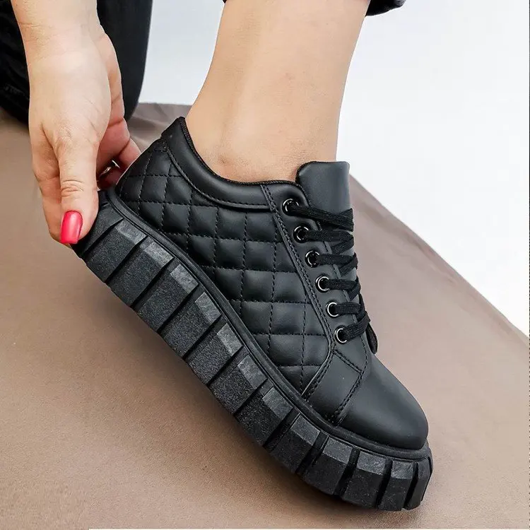 

2022 Woman's Vulcanized Shoes Leather Sneakers Lace-Up Solid Casual Platform Flat Shoes Without Heels Female Flats Ladies Floor