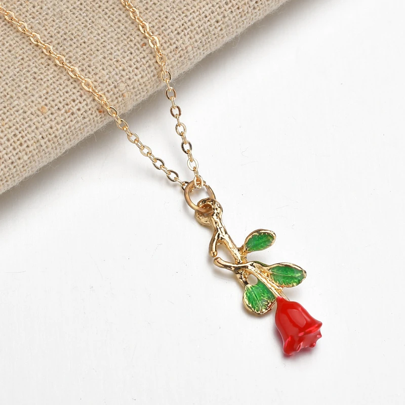 Christmas necklace DoreenBeads модный эмалевый кулон для женщин, девушек, розовое золото, красный цветок розы, кулон 50 см(19 5/")-45 см(17 6/8"), длинный 1 шт - Metal Color: Christmas necklace