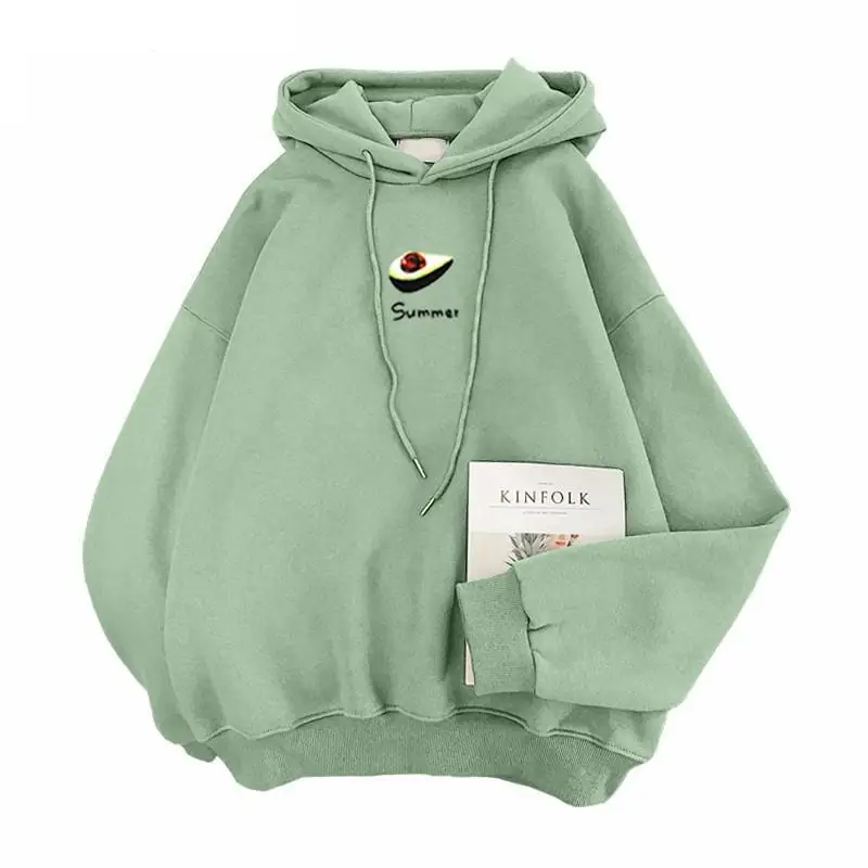 Зеленая толстовка с капюшоном и бархатной вышивкой в виде фруктов стиле