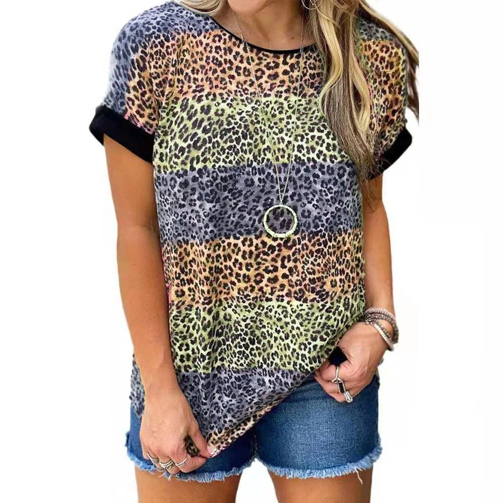 

2021 Women Patchwork Loose T-Shirt Summer Casual Fashion ONeck Short Sleeve Leopard Print Pullover Top Harajuku Female Cloth
