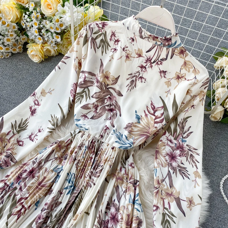 

Floral Print Chiffon Dress 2020 Women Spring Flare Sleeve Ruffle Pleated Dress Elastic Waist Vintage Femme Vestidos