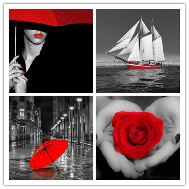 Сделай Сам Алмазная Картина Красная вышивка с пейзажем в виде цветов красной