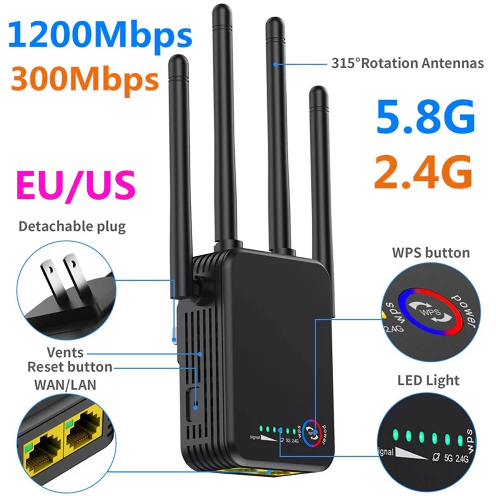 

1200Mbps Wireless Wifi Repeater 300Mbps Long Range Extender Router Wi-Fi Signal Amplifier 2.4G/5GHZ Wi Fi Booster Access Point