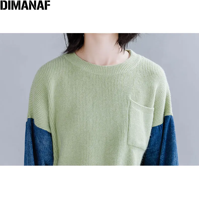 Женский трикотажный свитер DIMANAF Толстый Пуловер оверсайз из хлопка и денима с