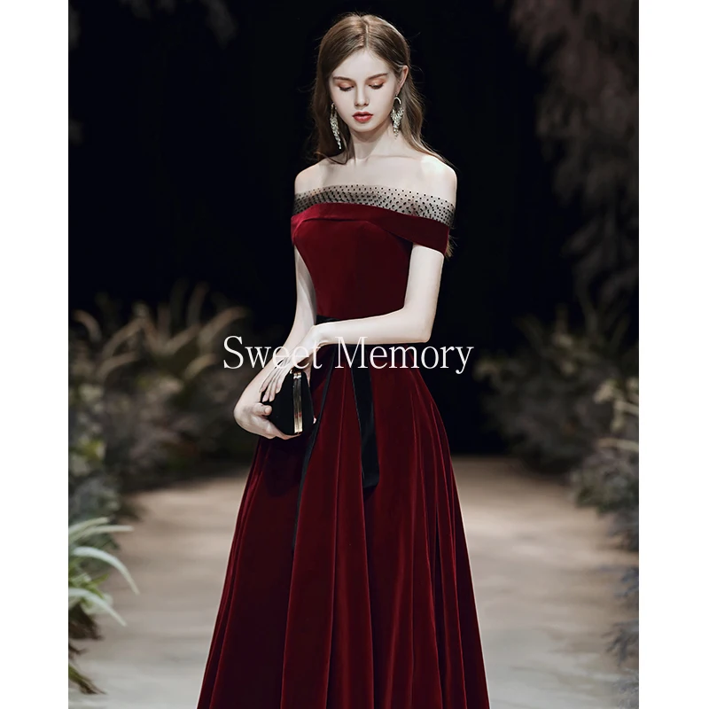 

2021 Dress Boat Neck Floor-Length Velour Evening Dresses Lace Up Long Prom Robe Formal Gown Women Vestidos For Wedding Party