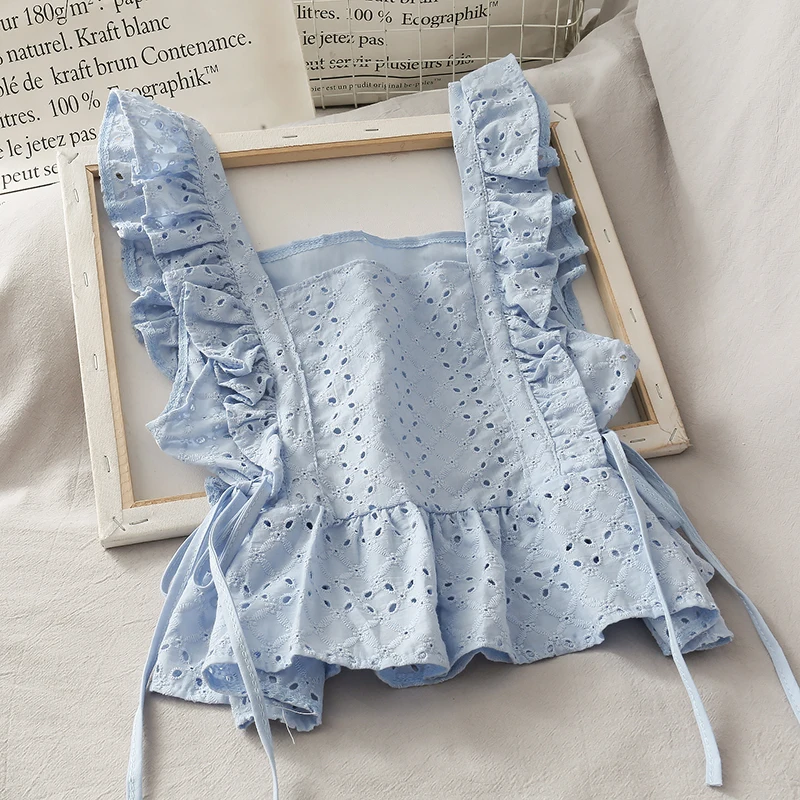 Ажурные водорастворимые кружевные топы корейские тонкие короткие с квадратным