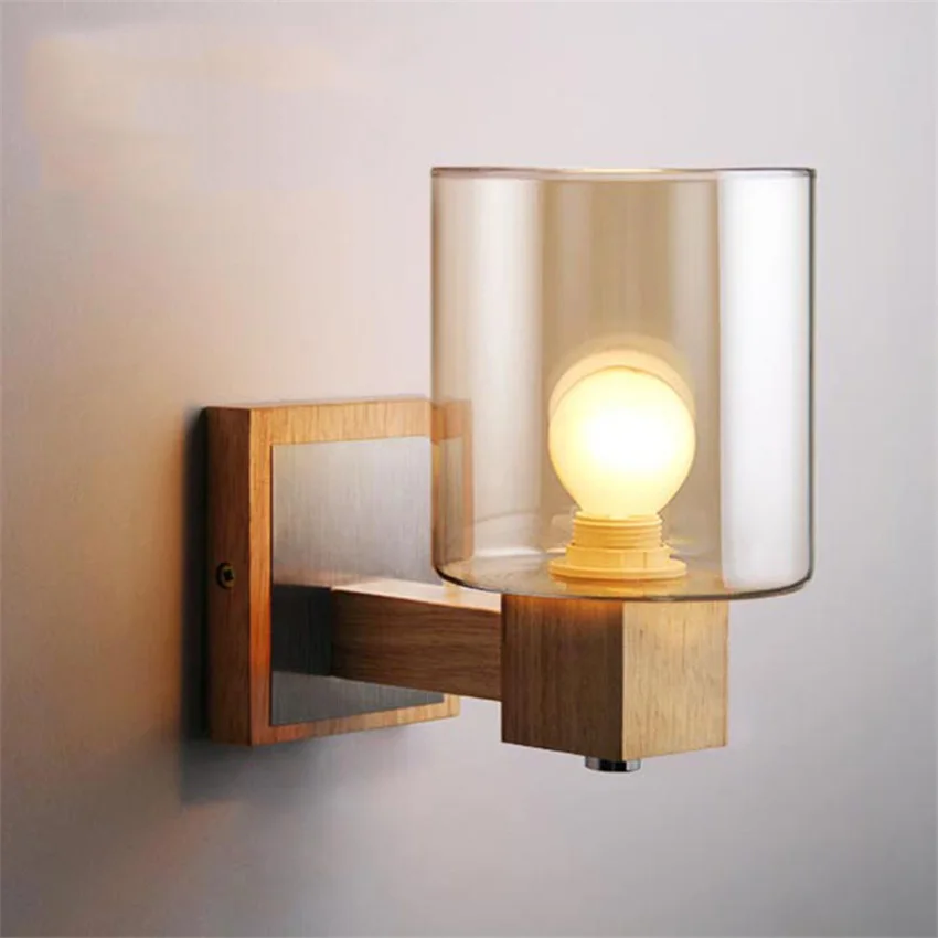 Скандинавский дуб настенная лампа из цельной древесины винтажный стеклянный