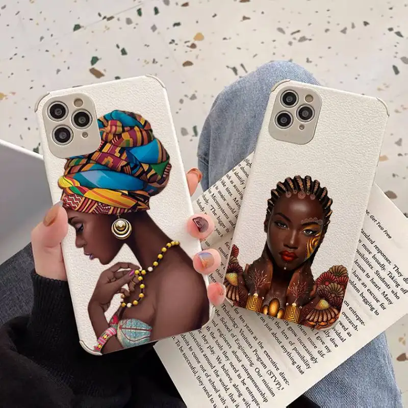 

Art African Girl Phone Case Lambskin Leather For iphone 12 11 8 7 6 XR X XS PLUS MINI PLUS PRO MAX Shockproof