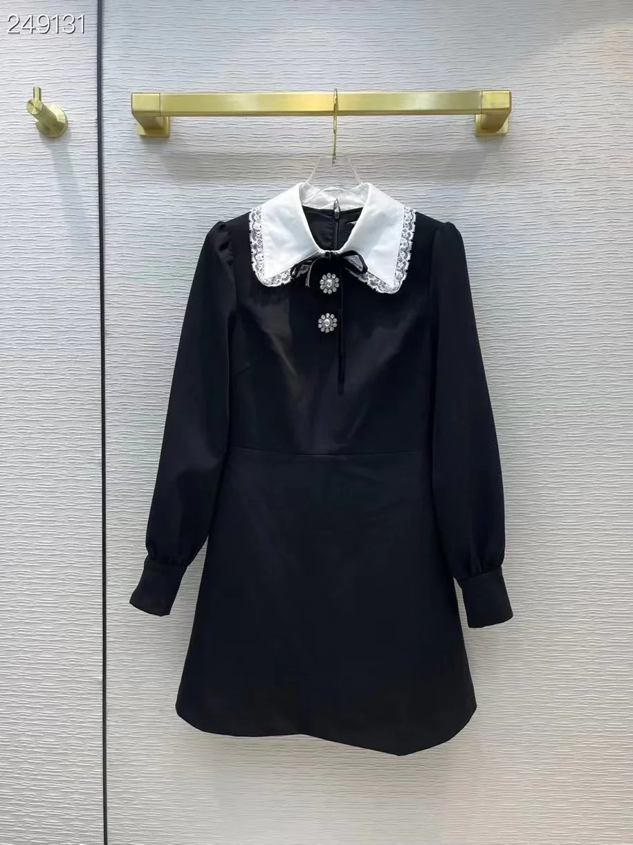

Fyion 2021 Runway Designer Autumn Party Vintage Mini Dress Women Long Sleeve Diamonds Buttons Black Dresses