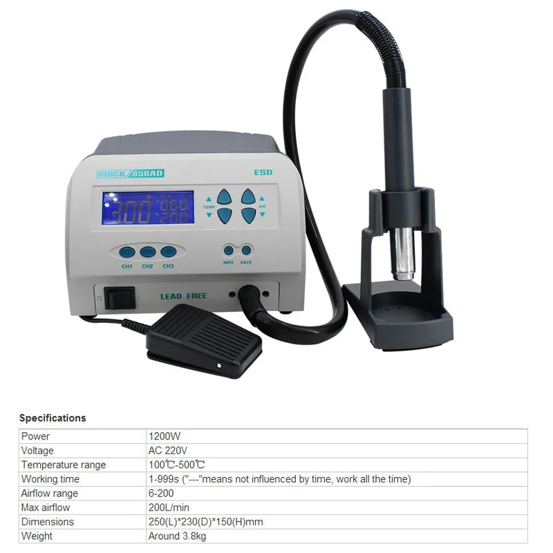 

QUICK 856AD Power Intelligent Lead-Free Hot Air GunRework Station Rework 1300W 200l / min