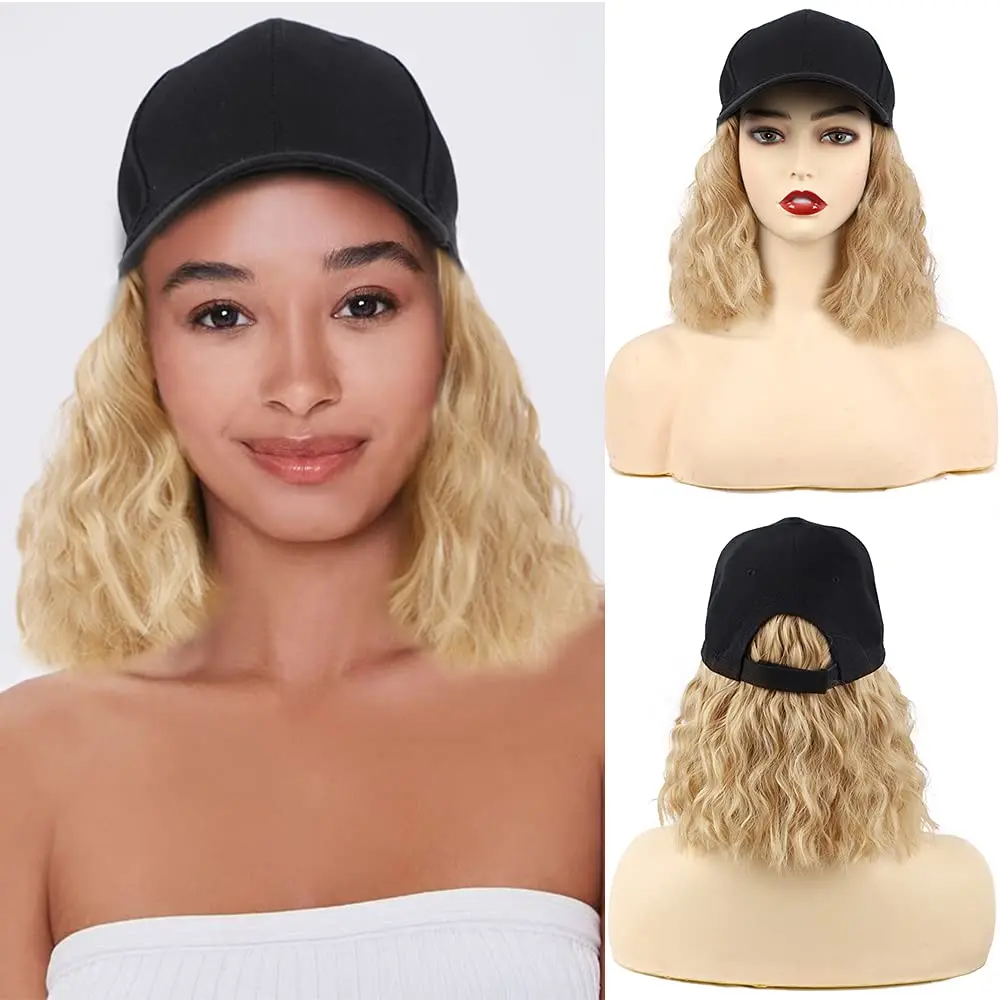 

XBWIG Short Wavy baseball wig Synthetic Natural bob Wig Black hat wigs cap with Hair Naturally Connect Baseball Cap Adjustable