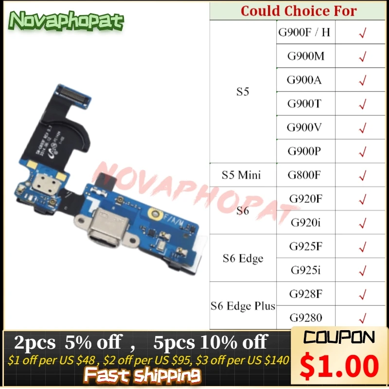 

Novaphopat Charging Port For Samsung Galaxy S5 Mini S6 edge Plus USB Dock Charger Flex Cable Board G920F G900A G900F G900H G900M