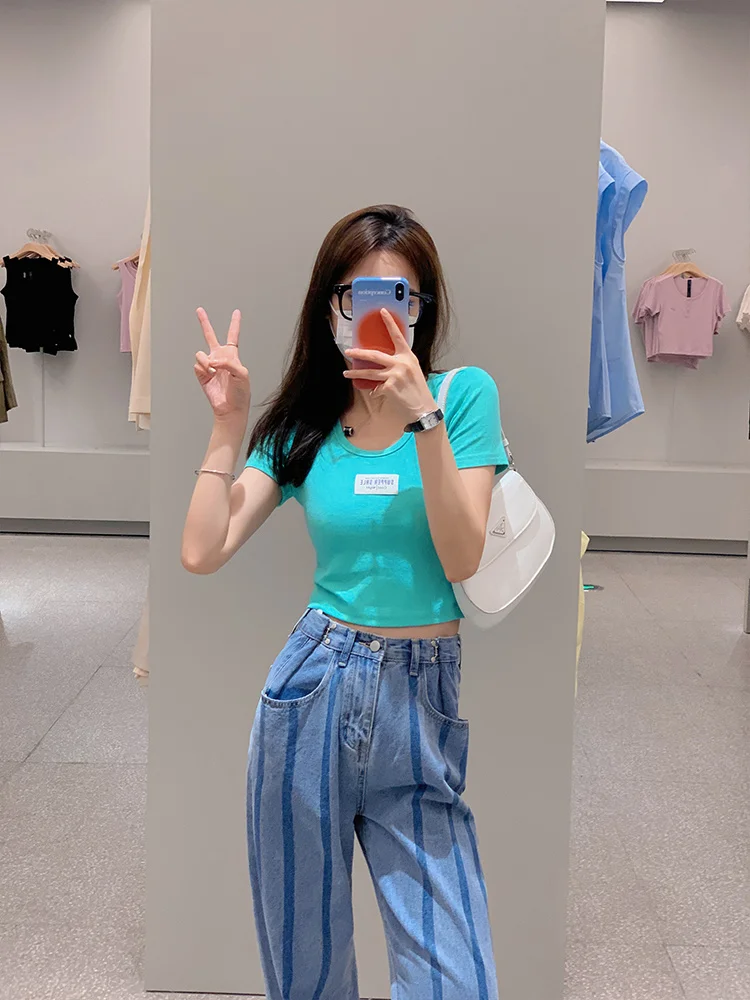 Bubble Design Blue Jeans for Women 2021 High Waist Straight Thin Trousers Fashion Rac | Женская одежда