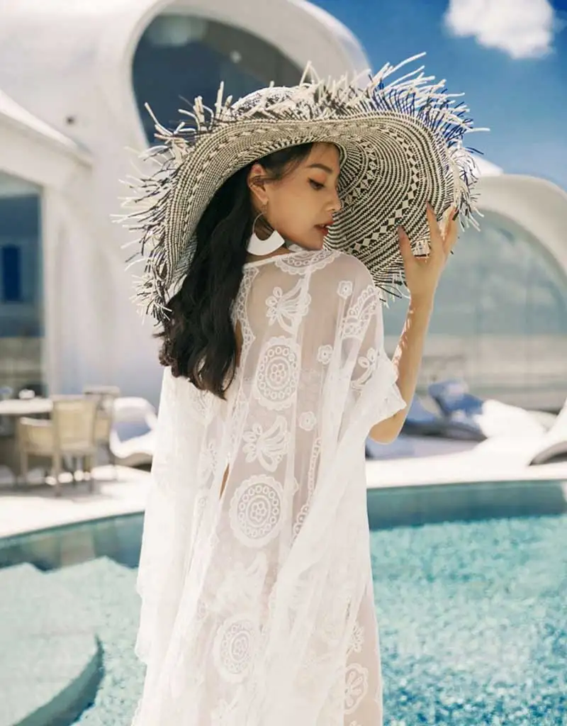 Богемный Вдохновленный кружева Кафтан Макси пляжное платье сетка вышивка