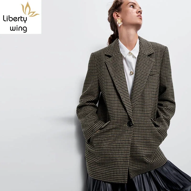 Женское шерстяное пальто осенне-зимний брендовый свободный клетчатый