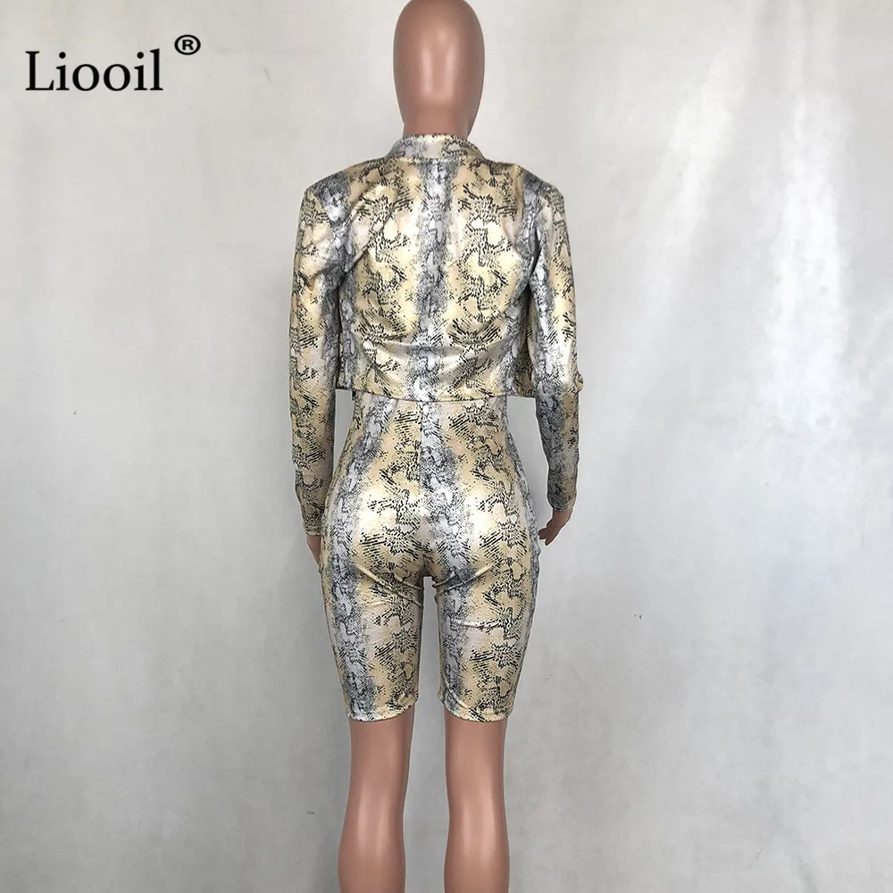 Liooil комплект из двух предметов, спортивный костюм, женские сексуальные Клубные наряды, осень, пальто со змеиным принтом с длинными рукавами и облегающие комбинезоны, комплекты для бегунов