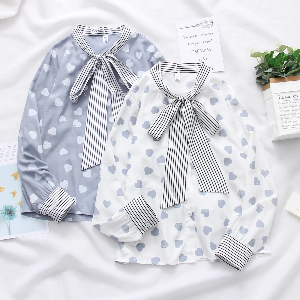 Весенние женские рубашки с длинным рукавом и бантом v-образным вырезом