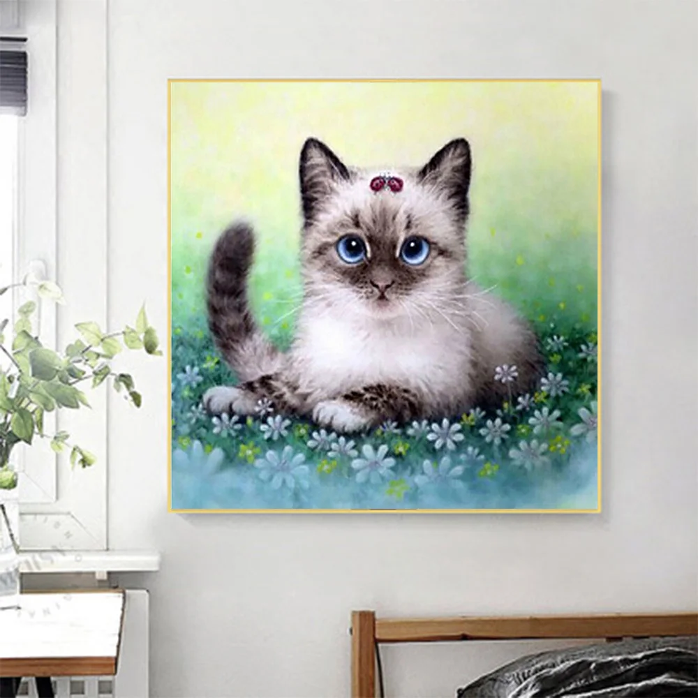 Алмазная живопись кот в цветах круглая вышивка с животными мозаика для