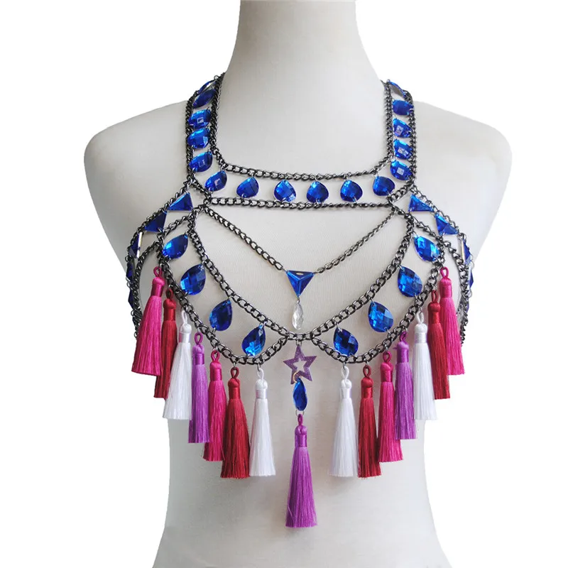

Shiny Blue Gems Colorful Tassels Two 2 Piece Set Women Sexy Halter Crop Top Link Chains Tassel Hollow Skirt Summer Beach Outfits
