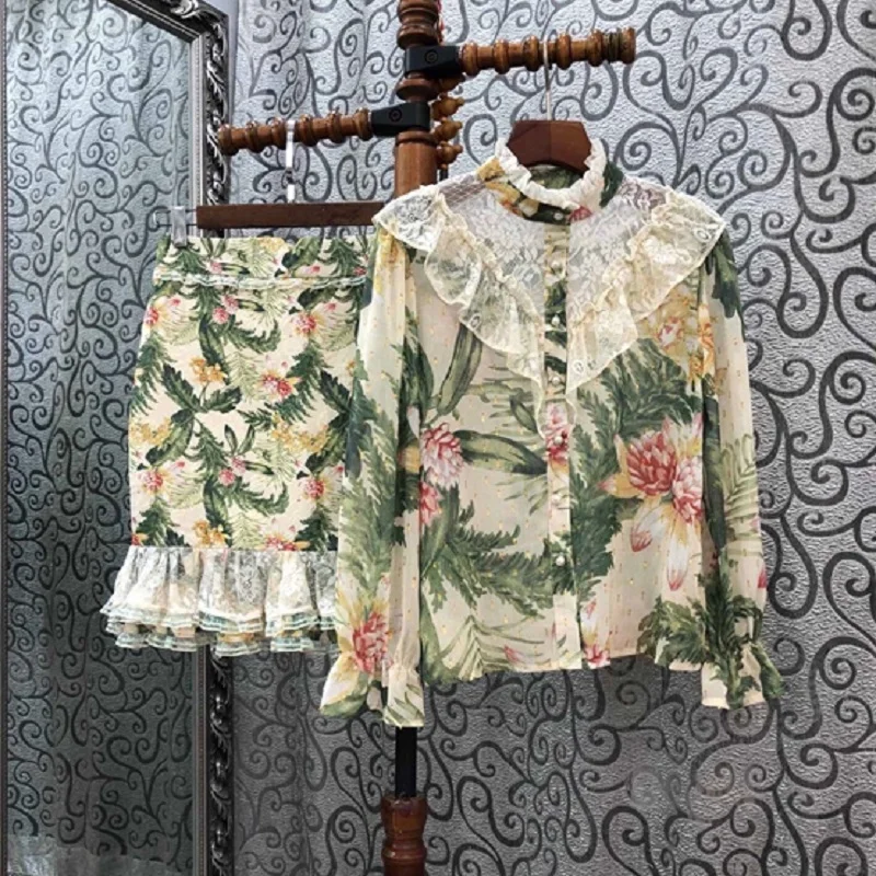 

Quality New Top Women's Set 2021 Autumn Style Ladies Green Leaves Print Lace Patchwork Tops Shirt+Ruffle Sexy Pencil Skirt Sets