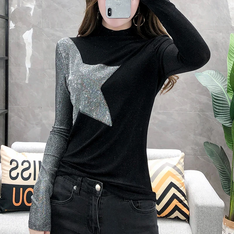 

Fall Winter European Clothes T-shirt Chic Sexy Shiny Star Patchwork Diamonds Women Tops Ropa Mujer Bottoming Shirt Tees T08709L