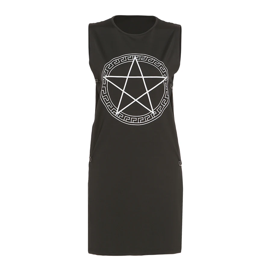 

Yiallen Black Sexy Side Hollow Out Slim Dress Women O Neck Sleeveless Fashion Printing Clothing Lady Mini Dresses 2021 New