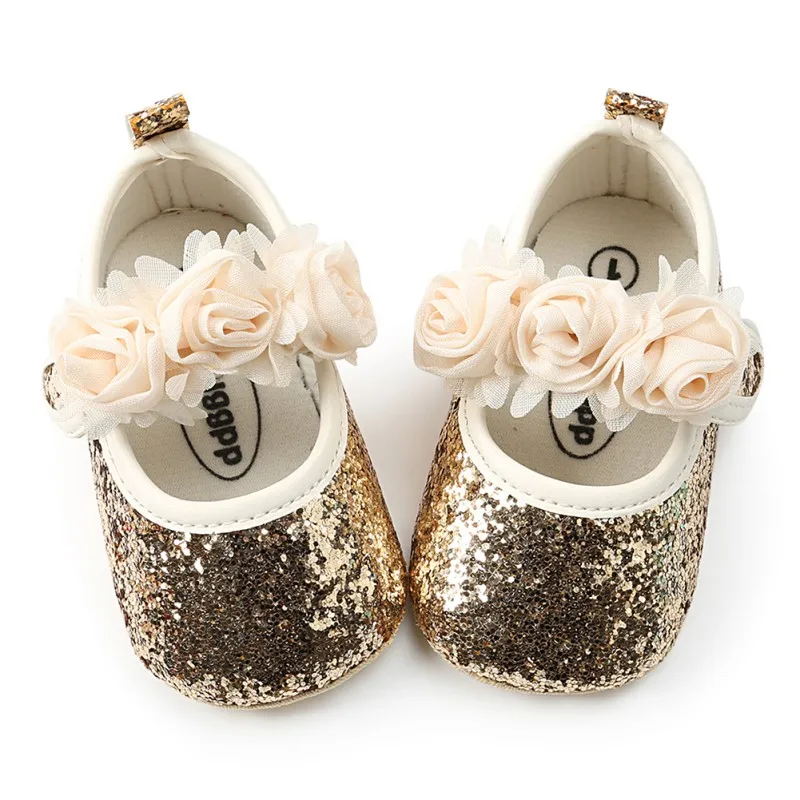 Принцесса Новорожденный Малыш коляска мягкая подошва противоскользящая симпатичная обувь для малышей блестящая Цветочная детская обувь 0-18M