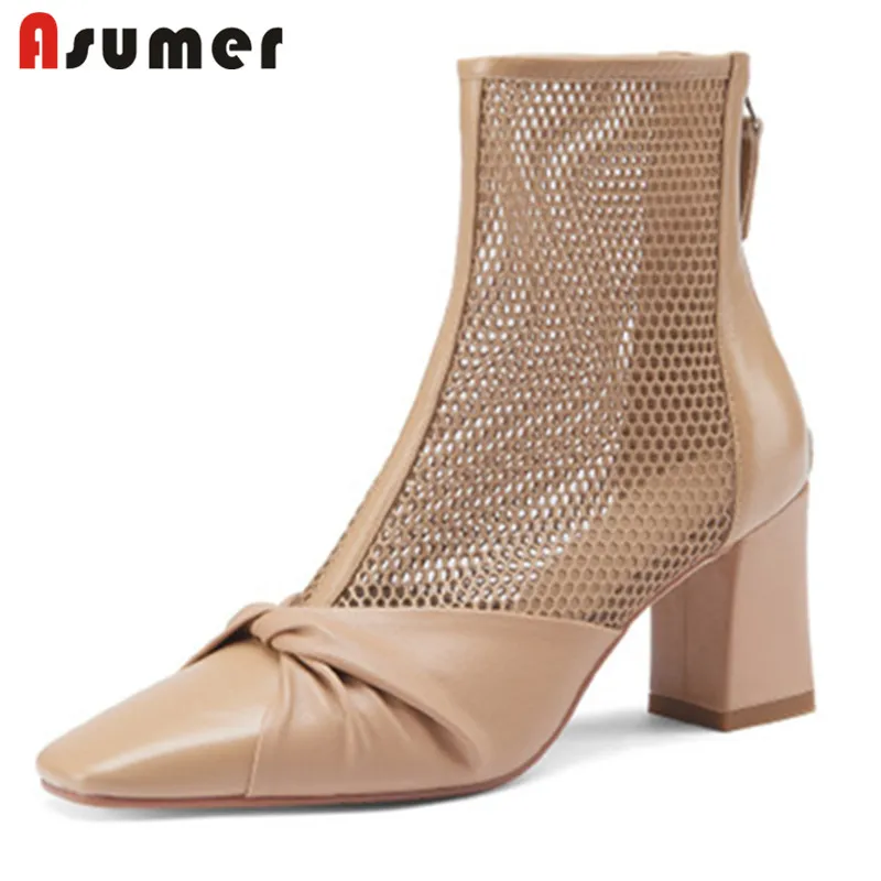 

Женские ботинки из натуральной кожи Asumer, на молнии, с квадратным носком, сетчатые, повседневные ботильоны на высоком каблуке, лето 2021