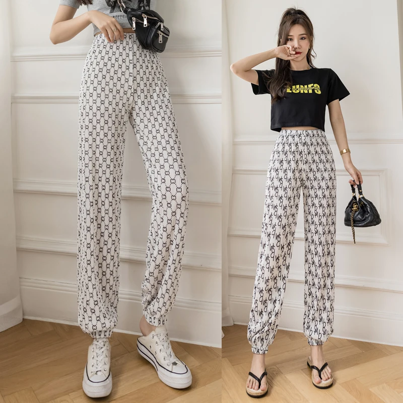 

High Waist Straight Trousers Women printing letter Casual korean Pants Loose Elthtic Waist Pantalones Korean Style Joggers