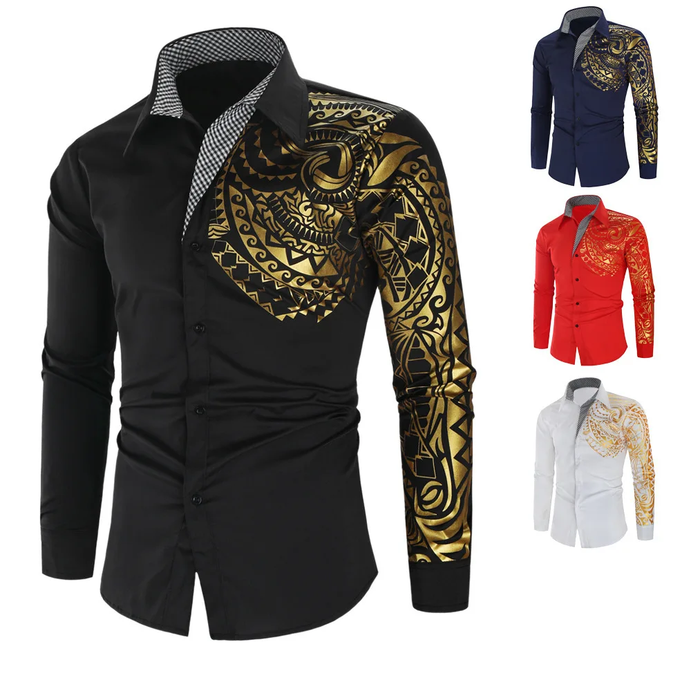 

Free Shipping 2021 Fashion Gold Totem Print Men's Long Sleeve Shirts Black White Red Dress Shirt Mens Work Casual Clothing
