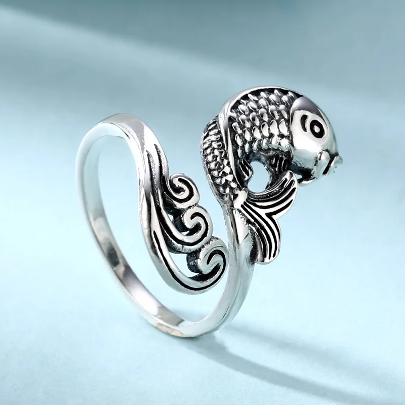 

S925 Sterling Silver Carp Retro Koi Ring for Men Opening Type Lucky Fish Ring Index Finger Vintage Thail Fashion Silver Jewelry