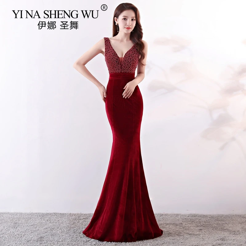 Новое блестящее длинное велюровое платье с V образным вырезом и бусинами|Женские