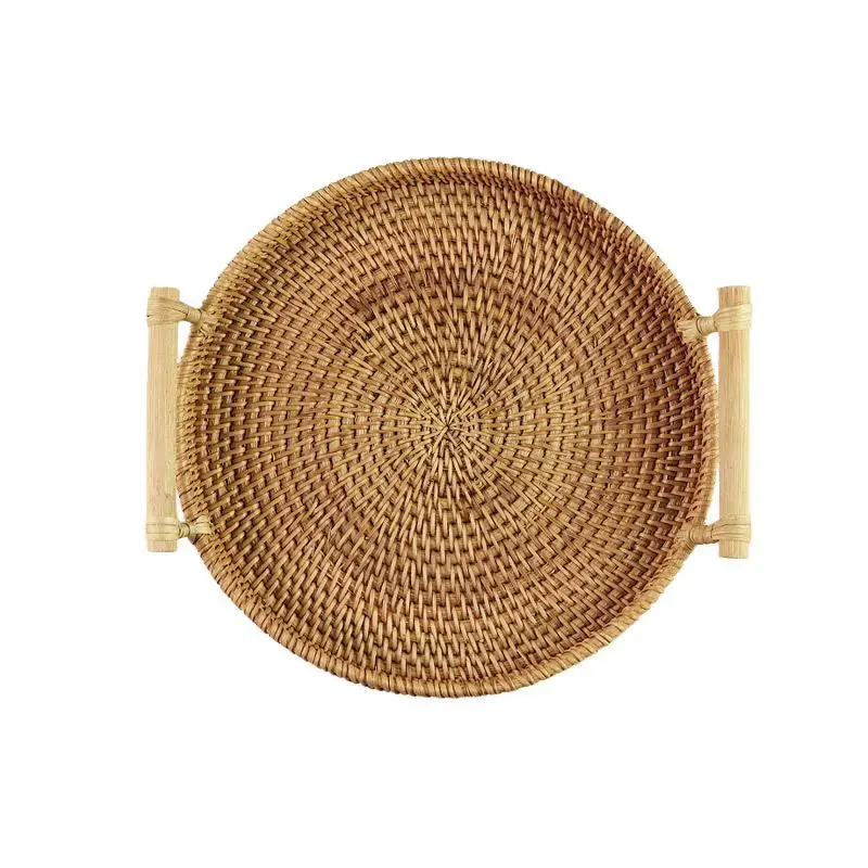 

Rattan Tray Vietnam Handmade Fruit Basket Binaural Snack Plate Japanese Style Woven Bamboo round Storage Fruit Tray