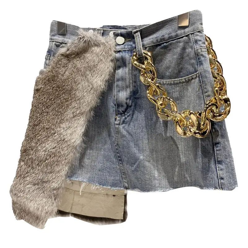 

Web celebrity in the new winter 2020 king metal chain rabbit fur splicing bull-puncher skirt skirts short skirt girl