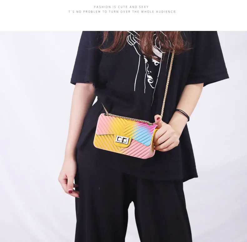 New Jelly Small Square Bag Clutch Purse Women's Bag Messenger Bag Gradient Rainbow Rhombic Chain Shoulder Crossbody Bag