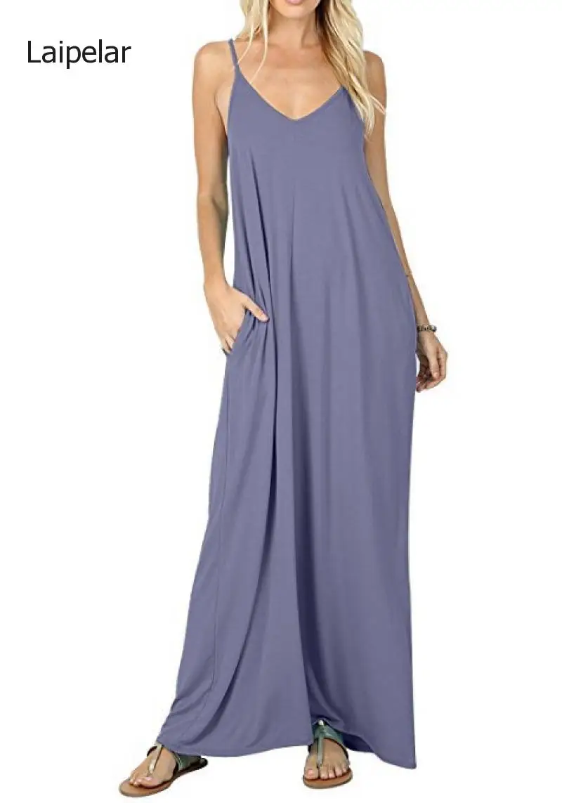 

Women's Summer Dress Fashion V-neck All-match Solid Color Pocket Camisole Dress