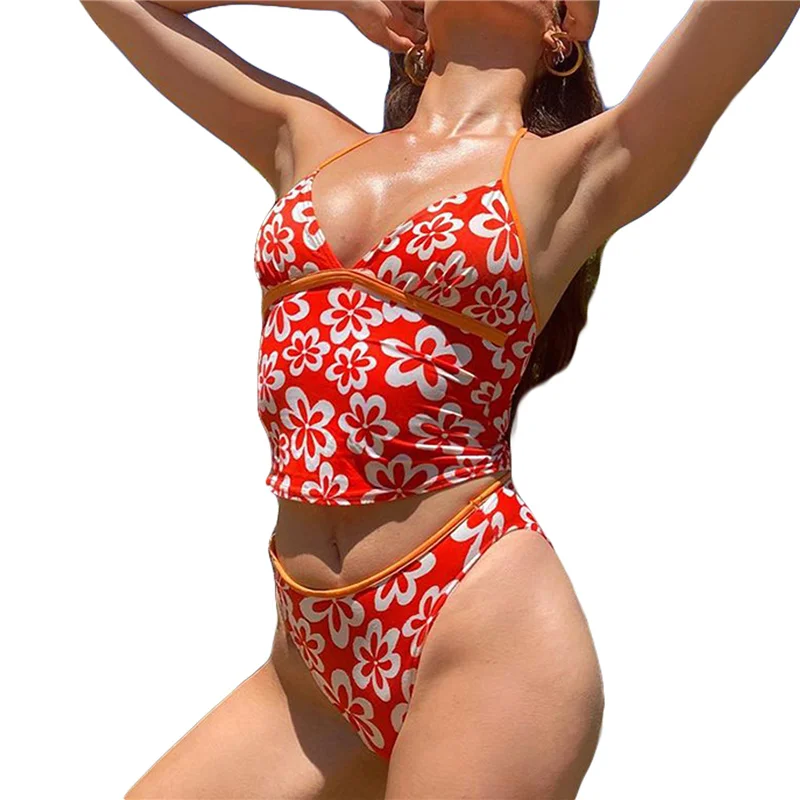 

Пляжная одежда Meihuida 2021, женский сексуальный комплект из двух предметов, красная Цветочная печать, Глубокий V-образный вырез, кофта и шорты, к...
