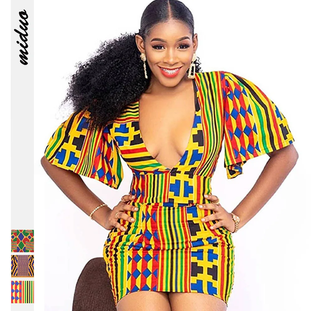 

Donsignet New Fashion Sexy Deep V Neck Flare Sleeve Package Hips Dresses for Women Slim Thin Short Sleeve Woman Dress