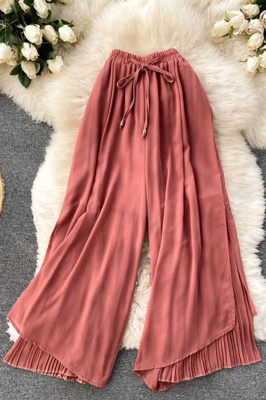 

Vacation Style Chiffon Wide Leg Pants Women's Summer High Waist Slimming Casual Pants Female Pleated Cropped Trousers