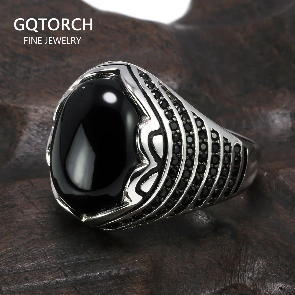 

Turkish Mens Rings Real Pure 925 Sterling Silver Vintage Flower Rings With Natural Onyx Color Stone Luxury Jewellery For Men