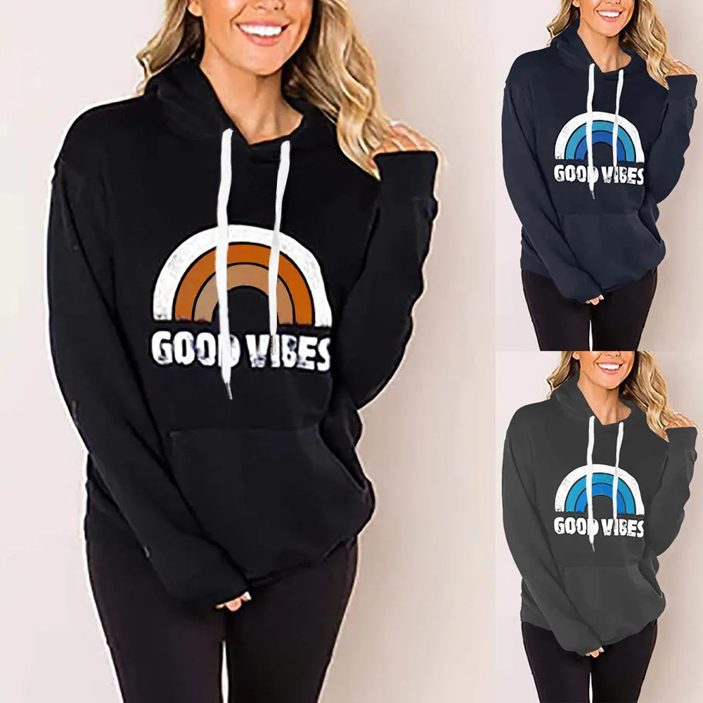 

GOOD VIBES Rainbow Print Women Hoodies Hooded Long Sleeve Drawstring Pockets Aesthetic Sweatshirt Kpop Oversized Hoodie Clothes