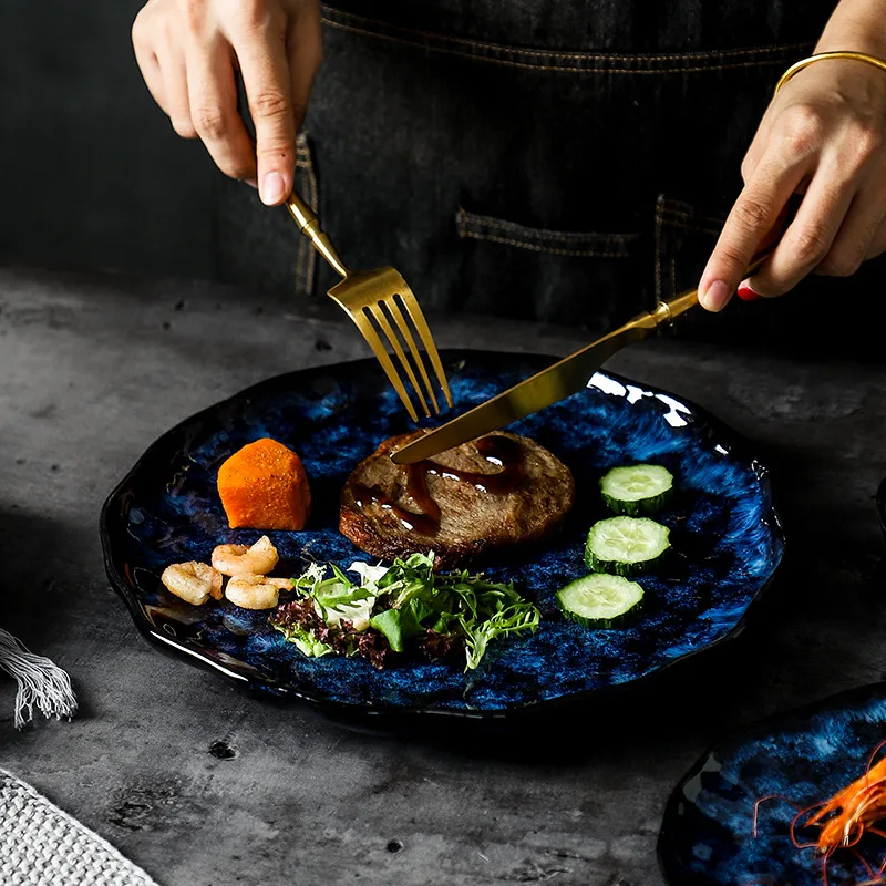 Ceramic Dinner Plates And Bowls Blue Dishes Creative Japanese Retro Kiln Changed Tableware Dinnerware Set Plate Platos De Cena | Дом и сад